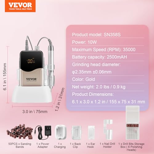 Image of VEVOR Electric Cordless Nail Drill - with 35000RRM Brushless Motor and Charging Base, Rechargeable Nail E File Machine with 6 Bit & 50PCS Sanding Band for Acrylic Gel Nail, Manicure Pedicure Polishing
