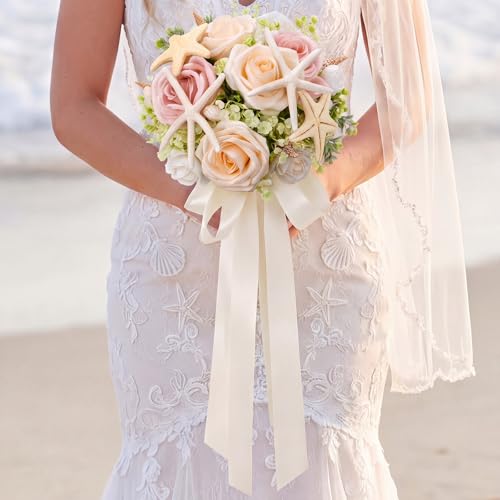 Ramo de Novia Artificial Estilo Costero con Rosas y Estrella de Mar miniatura 1
