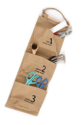 LENITH Vintage Mini Linen Fabric Closet Foldable Washable Hanging Storage Bag with 3 Pockets Over The Wall Door Organizer for Room