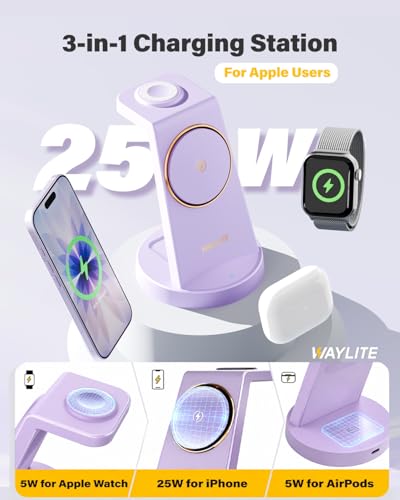Image of 3 in 1 Fast Charging Station for iPhone, 25W Wireless Magnetic Phone Charger for iPhone 17 16e 16 15 14 13 12 Serise, Watch Charger Stand, Wireless Charging Station for AirPods 4 3 Pro, Purple