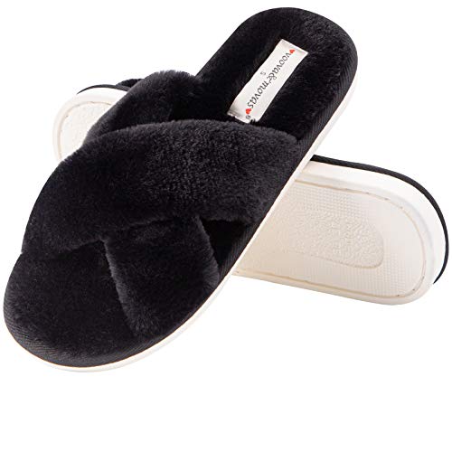 Slippers for Women, Fuzzy Furry Flurry Slides US Size 6-10, Girls House Sandals Cozy Soft Faur Fur Cross Band Non Slip Waterproof Rubber Sole, Memory Foam Slipper Used Indoor Outdoor
