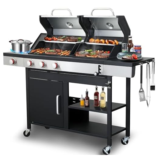 Propane & Charcoal Grill Combo with Cast Iron Grate & Plate, Dual Fuel BBQ Grill for Outdoor Events & Backyard Barbecue with Easy-Clean System, Stainless Steel Lids, Side Burner