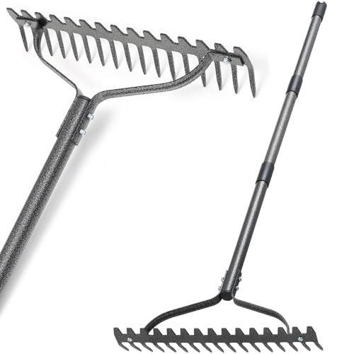 Bow Rake, Heavy Duty Metal Garden Rake for Looseing Soil, Leveling Lawn and Cleaning Leaves, 63'...