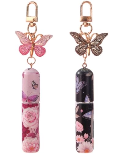 Image of mulanfeng Travel Perfume Bottles Refillable, 5ml Mini Perfume Bottle with Butterfly Keychain, Portable Perfume Atomizer For Women (2PCS(Pink, Black))