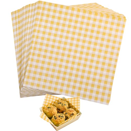 GeeRic Mother's Day Waxed Deli Paper Sheets for Food 7 * 7 Inch, 100 Pcs Food Basket Liners for Sandwiches, 2026 Burgers, Checkered Deli Wrap Wax Paper Sheets Yellow