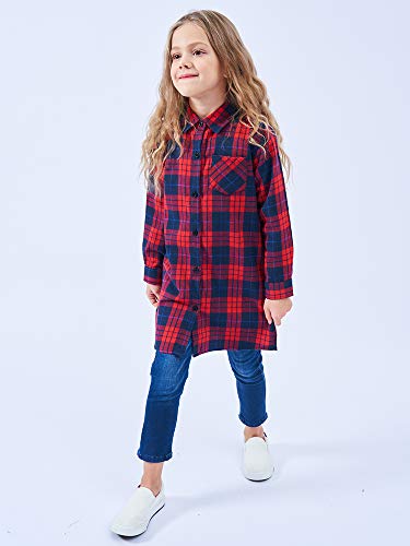 Image of OCHENTA Girls Flannel Shirt Dress 100% Cotton Plaid Button Down Buffalo Check Long Sleeve Kids School Outfits (3-12Y)