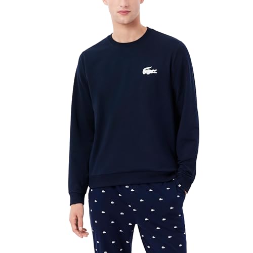 Lacoste Men's Fleece Lounge Hoodie, (Amazon Exclusives), Navy Blue/White, X-Large