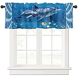 Curtain Valance for Windows Underwater World Rod Pocket Valance Window Treatments 1 Panel Blue Ocean Dolphin Fishes Short Curtains for Kitchen Windows Bathroom Bedroom 54 x 18 inch