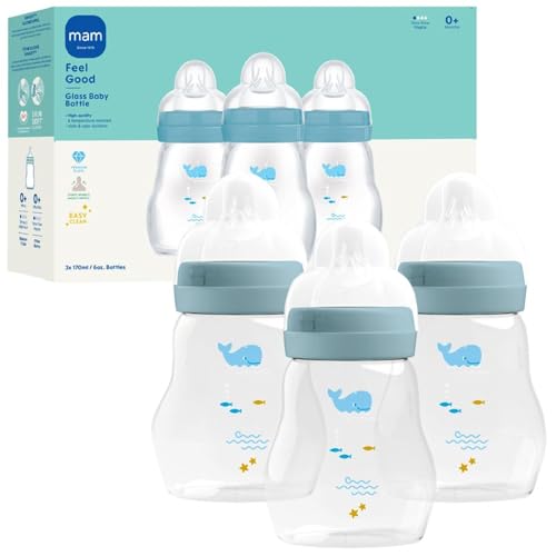 Image of MAM Premium Glass Baby Bottles, Easy Switch Between Breast and Bottle, Feel Good Slow Flow, Newborn Essentials Must Have, 0+ Months, BPA Free, 6oz, Boy, 3 Pack
