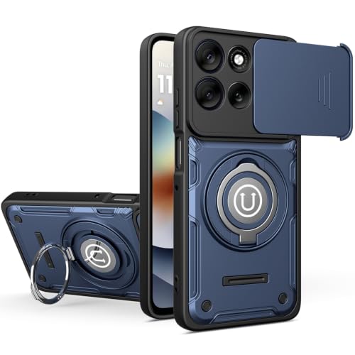 Coque Motorola Moto G15 antichoc avec protège-caméra coulissant et béquille intégrée bleu