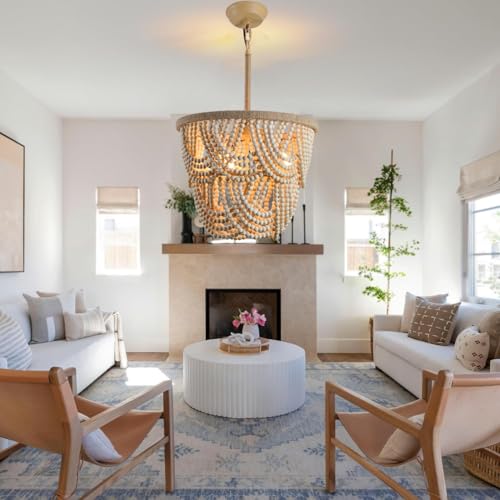Topaluce Wood Beaded Chandelier 3-Lights Rustic Antique Coastal Boho Pendant Light Fixtures for Nursery Baby's Bedroom Dining Room Living Room Kicthen Entryway - Image 3