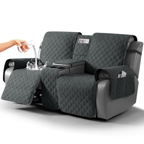 Image of TAOCOCO 100% Waterproof Recliner Loveseat Cover with Console, Reversible Reclining Couch Cover for 2 Seats with Leg Straps, Washable Split Sofa Cover Protector for Pets Kids (Dark Gray)