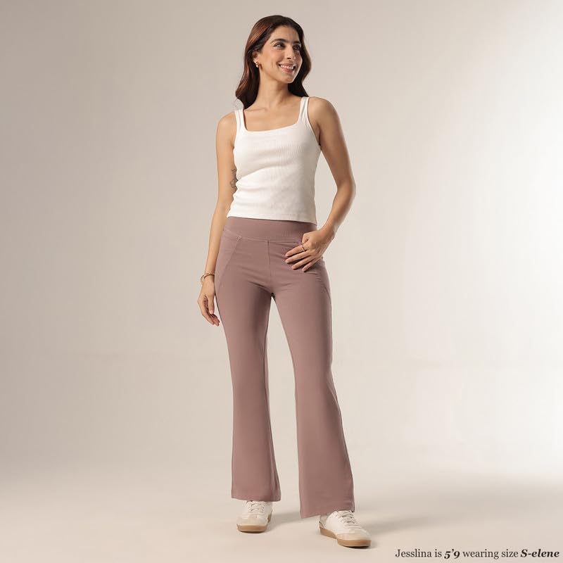 Image of Blissclub AM:PM Cotton Flare Pants for Women Above 5'5 ft Tall | Wide Waistband, 4 Pockets | Bell Bottom Pants and high Waist Trousers for Office wear