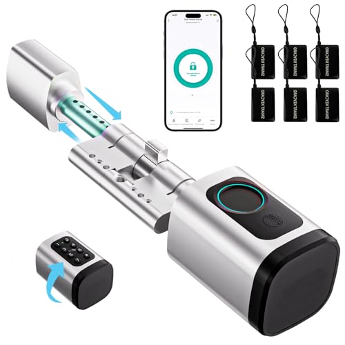Serrure connectée, serrure électronique à empreinte digitale, longueur réglable Smart Lock, serrure électronique avec carte RFID, application, WiFi, Bluetooth, 60–90mm, accessoires de rallonge, argent