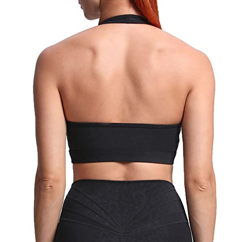 Aoxjox Women's Workout Sports Bras Fitness Backless Padded Halter Bra Yoga Crop Tank Top (Black Leopard Print, Medium) #TOP22