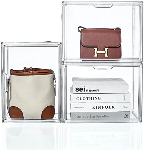ZLLZUU Purse and Handbag Storage Organizer for Closet, Clear Acrylic Display Case for Collectibles, 3 Pack Plastic Storage Boxes with Magnetic Door for Wallet, Cosmetic, Toys (Large Door)