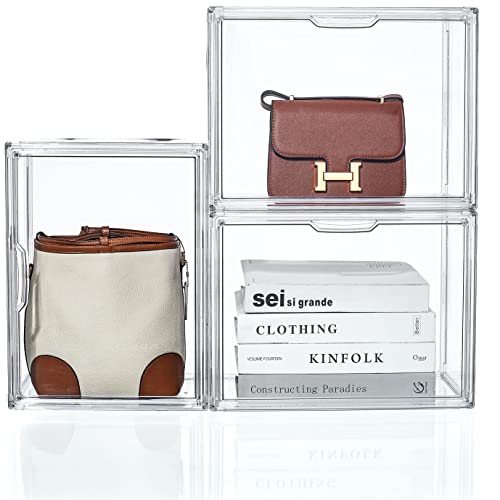 Zllzuu Purse And Handbag Storage Organizer For Closet, Clear Acrylic Display Case For Collectibles, 3 Pack Plastic Storage Boxes With Magnetic Door For Wallet, Cosmetic, Toys (Large Door) #TOP5