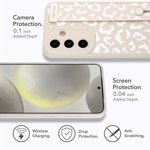 Image of Compatible with Samsung Galaxy S24 Case with Strap Wrist White | Cheetah Print Shockproof Soft TPU Protective Cover for Women Girls, Slim Anti Scratch Case 6.2 Inch, White