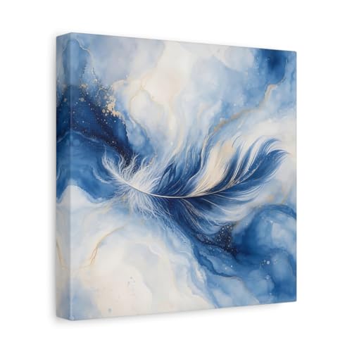 Toile abstraite plume bleu et or 25x25 cm pour décoration salon
