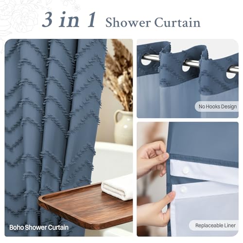 WONICY No Hook Shower Curtain with Snap in Liner, Tufted Chevron Striped Shower Curtain Set for Bathroom, Boho Waterproof and Washable Shower Curtains, 71Wx74H, Moonlight Blue by WONICY - Image 4