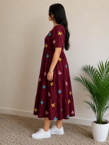Image of Women's Rayon A-Line Midi Dress, Floral Print, Short Sleeves, Tiered Design, Round Neck, for Summer Wear