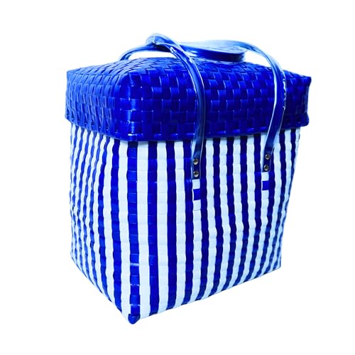 Image of Hand Made Multipurpose Plastic Basket with Lid, White with Blue, XL
