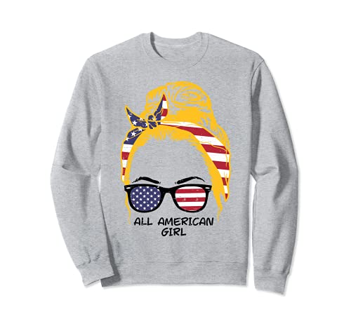 All American Girl Blonde Hair Bun US Flag 4th Of July Women Sweatshirt, Grey