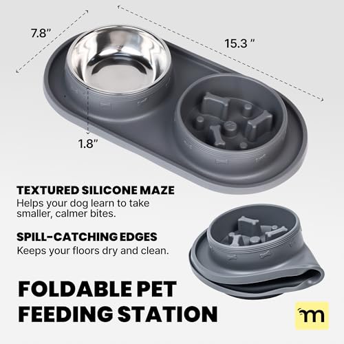 MalsiPree 2-in-1 Puppy Slow Feeder & Water Bowl Set - Essential Dog Gift for Small & Medium Pups - Silicone Feeding Mat & Stainless Steel Bowls, Travel-Ready Training Station for Fast Eaters - Gray - Image 3
