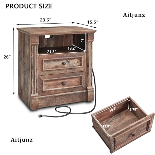 Image of 26 inch Tall Nightstand with Charging Station, Farmhouse 23.6 inch Wide Large End Table w /Roman Column, Wood Rustic Side Table w /Open Shelf, 2 Drawers Dresser for Bedroom, Living Room, Light Brown