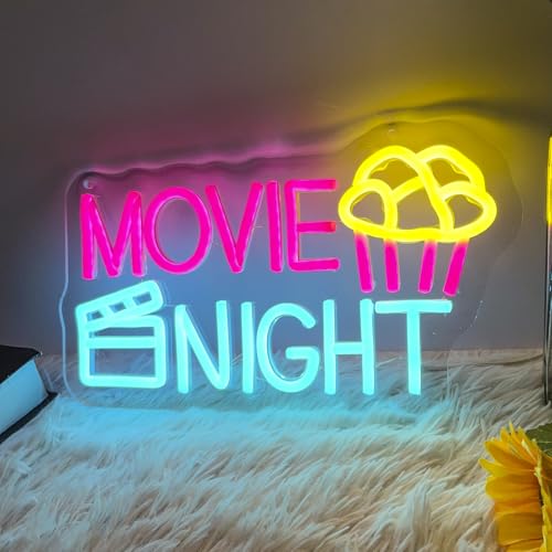 Image of Movie Night Neon Sign With Popcorn Dimmable LED Neon Lights for Wall Decor USB Powered Light Up Signs for Bedroom Living Room Cinema Film Room Man Cave Home Bar Wedding Birthday Party