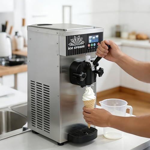 QJJML Máquina Comercial Helado Un Solo Sabor — 3.5 L / 7.4 L | Heladera De Sobremesa para Helado Suave, Ideal para Tiendas De Postres | Panel LCD, Limpieza Automática Y Preenfriamiento Grey-4.7l