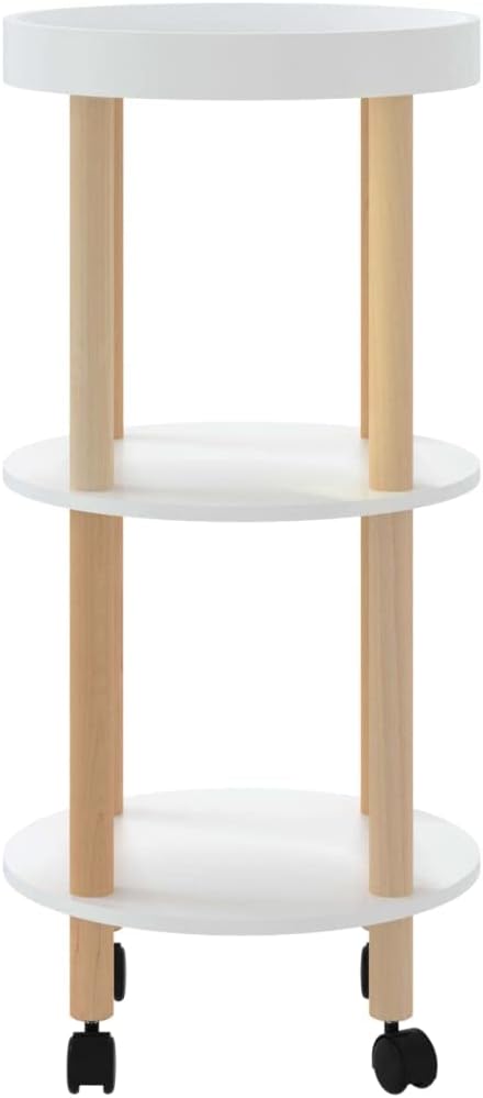 3-Tier Trolley White Engineered Wood and Solid Pine 15 by 15 by 32.3 inches Kitchen Cart with Wheels Rolling Kitchen Island Storage Cart for Dining and Food Serving