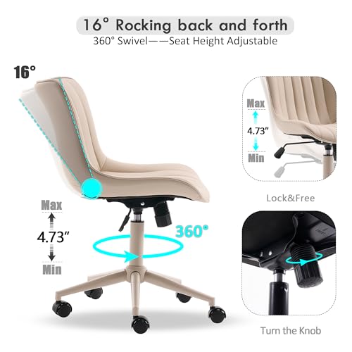 Image of YOUNIKE Office Desk Chair with Wheels Armless Vanity Chair Ergonomic Cream | Faux Leather Upholstered with Rocking Back, Swivel Height Adjustable, Modern Small Cute Task Chair For Sewing Drafting
