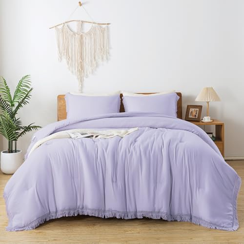Image of Andency Comforter King Size Bed Set Lavender, Purple 3 Pieces Boho Lightweight Winter Bedding Comforters & Sets, All Season Soft Tassel Bed Set (104x90In Comforter & 2 Pillowcases)