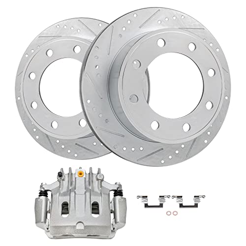 Image of Detroit Axle - 8 Lugs Rear Drilled Rotors Left Brake Caliper Replacement for 2000-2004 Ford Excursion F-250 F-350 Super Duty - 3pc Set