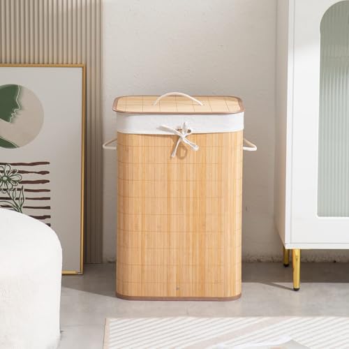 HomeStorie® Eco-Friendly Foldable Bamboo Laundry Basket Hamper with Lid, Large - 81 Liter (Light...