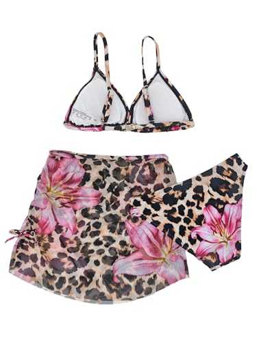 Image of Girl's 3 Piece Sets Floral Print Bikini Swimsuit High Waisted Bathing Suits with Beach Skirt Coverups