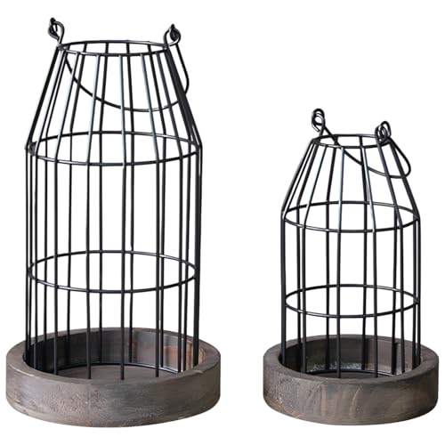 Juego de 2 portavelas de hierro vintage con marco de metal negro y base de madera, faroles decorativos de interior para sala de estar, mesa de comedor y ocasiones especiales
