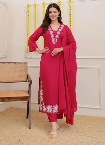 Image of ANNI Designer Pure Cotton Embroidered Kurta Set for Women | Rust Orange Kurta with Pants & Dupatta | Floral Neck & Hem Embroidery | Cotton Kurta Set for Women | 10 Colour Options Available
