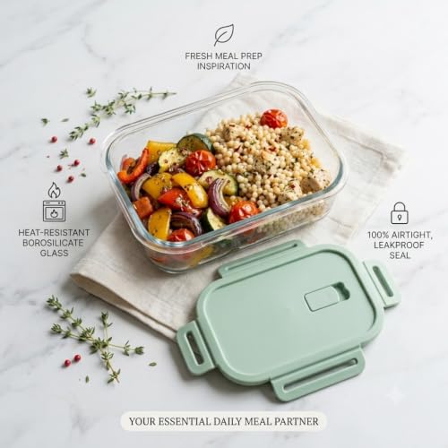 Image of HomeWiz Glass Lunch Box 600ml | Microwave Safe Borosilicate Glass Food Container with Airtight Leak-Proof Lid | Lunch Box for Office, School, Meal Prep, Fridge & Dishwasher Safe | Sage Green