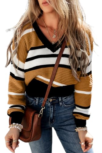 Women's Brown Striped V-Neck Textured Knit Sweater
