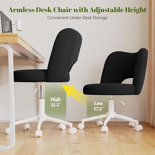 Image of DurayLoly Vanity Chair with Wheels, Soft Teddy Fleece Desk Chair, Breathable Open-Back, Height Adjustable Armless for Makeup Room, Bedroom, Dorm, Home Office, Black