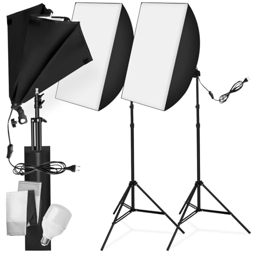 tectake 403354 Kit Studio Photo d‘Eclairage, 2 Lampes LED 18W, avec Boîte à lumière Softbox, Supports réglables, Sac de Transport Inclus