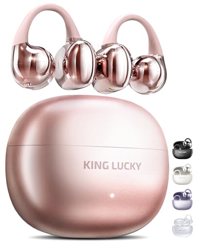 King Lucky Clip-on Earbuds,Open Ear Earbuds Wireless Bluetooth 5.4,Lightweight Open Ear Headphones with C-Shaped Bridge,Slim Hook, 50H Battery,Waterproof,for Glasses Wearers and Workouts Rose Gold