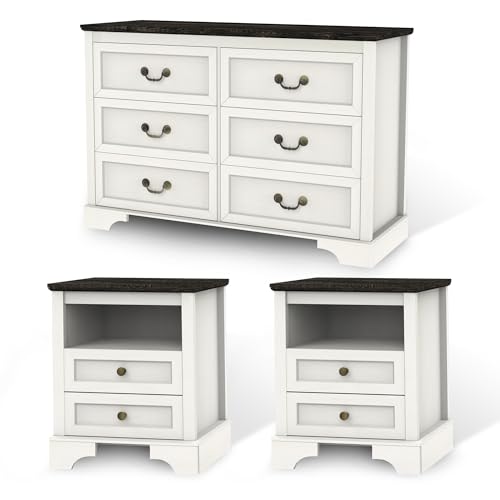 CATMIX Farmhouse Bedroom Set, 3 Pieces Bedroom Furniture Set, Rustic Wood 6 Drawer Dresser and Nightstands, Chest of Drawers Wide Storage Organizer Cabinet for Bedroom