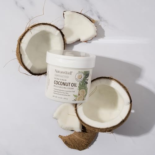 NATURE WELL Coconut Oil Moisturizing Cream for Dry Skin – Deep Hydration Lotion for Face, Body & Hands, Spa Quality Skincare, Softens & Smooths, Non-Greasy, Fast Absorbing, Vitamins A C E (10 Oz)