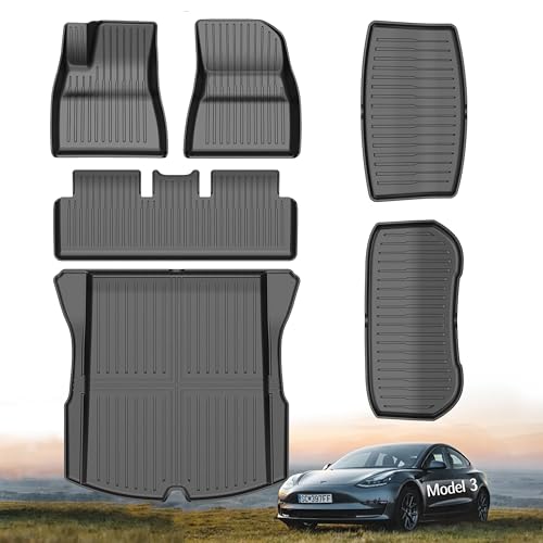 MYCO 2024 2025 Tesla Model 3 Floor Mat All-Weather TPE Floor Liners, Custom Fit, Waterproof & Heavy-Duty & Durable Car Mats for Ultimate Protection 6pcs Full Sets Tesla Floor mat