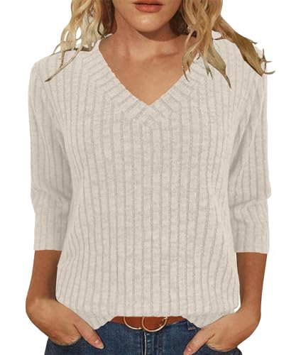 JomeDesign Womens Sweaters 3/4 Length Sleeve Casual Tunic Tops V Neck Fall Outfits Fashion Clothes 2025