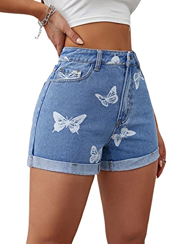 Floerns Women's Butterfly Print Straight Leg Rolled Hem Stretchy Denim Shorts Blue M #TOP12