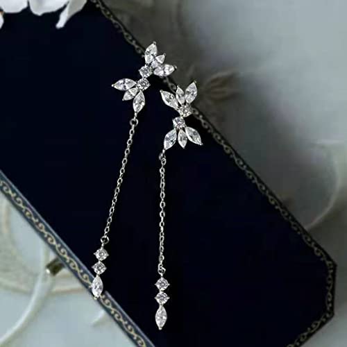 Women Leaf Long Drop Dangle Clips Cubic Zirconia Crystal Clip On Earrings For Not Pierced Girls Silver #TOP2